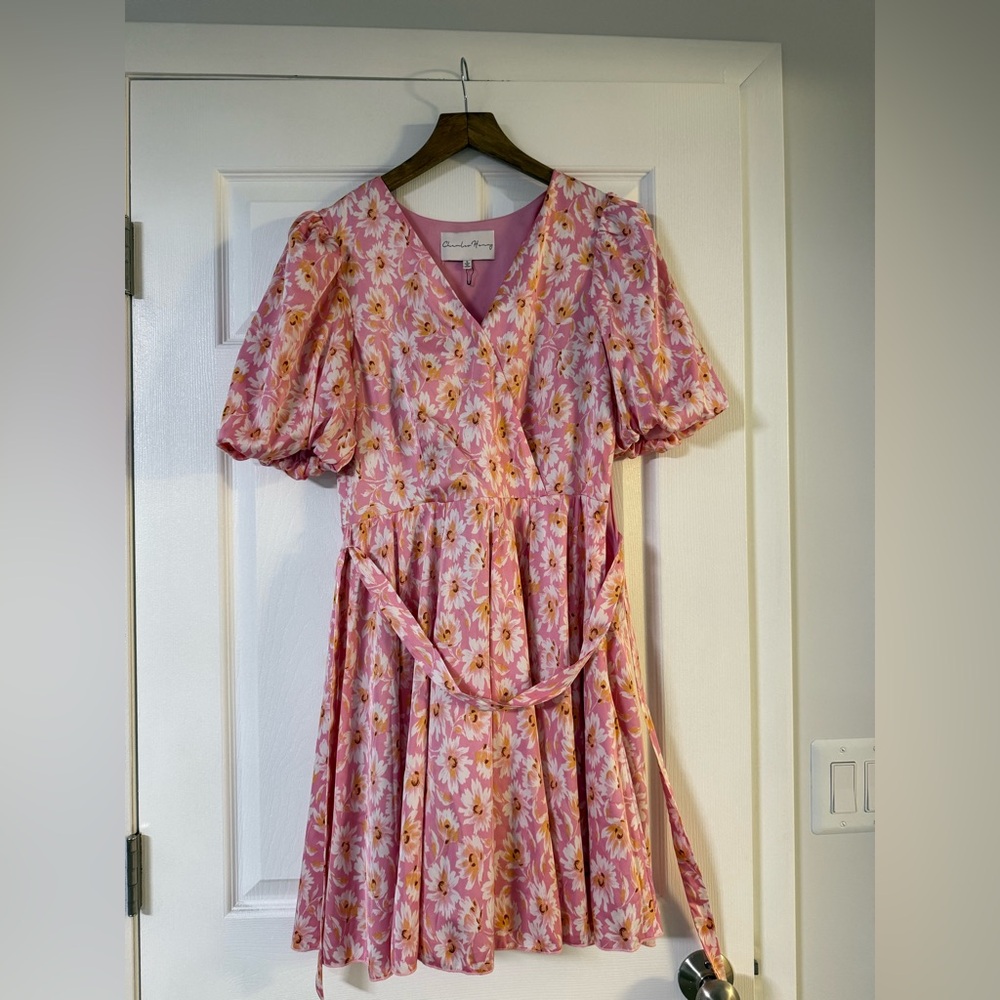 Charles Henry Pink Floral Wrap Mini Dress - Picture 8 of 14